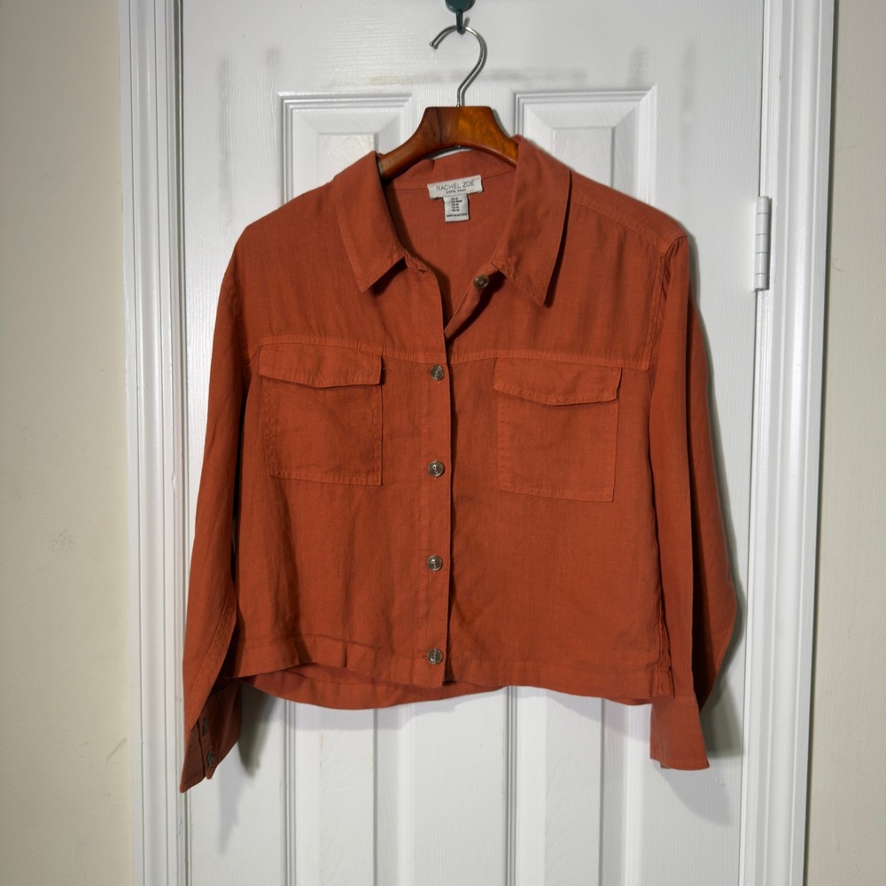 Rachel Zoe 100% Linen‎ Button Down Shirt Jacket Orange Rust Cropped Medium